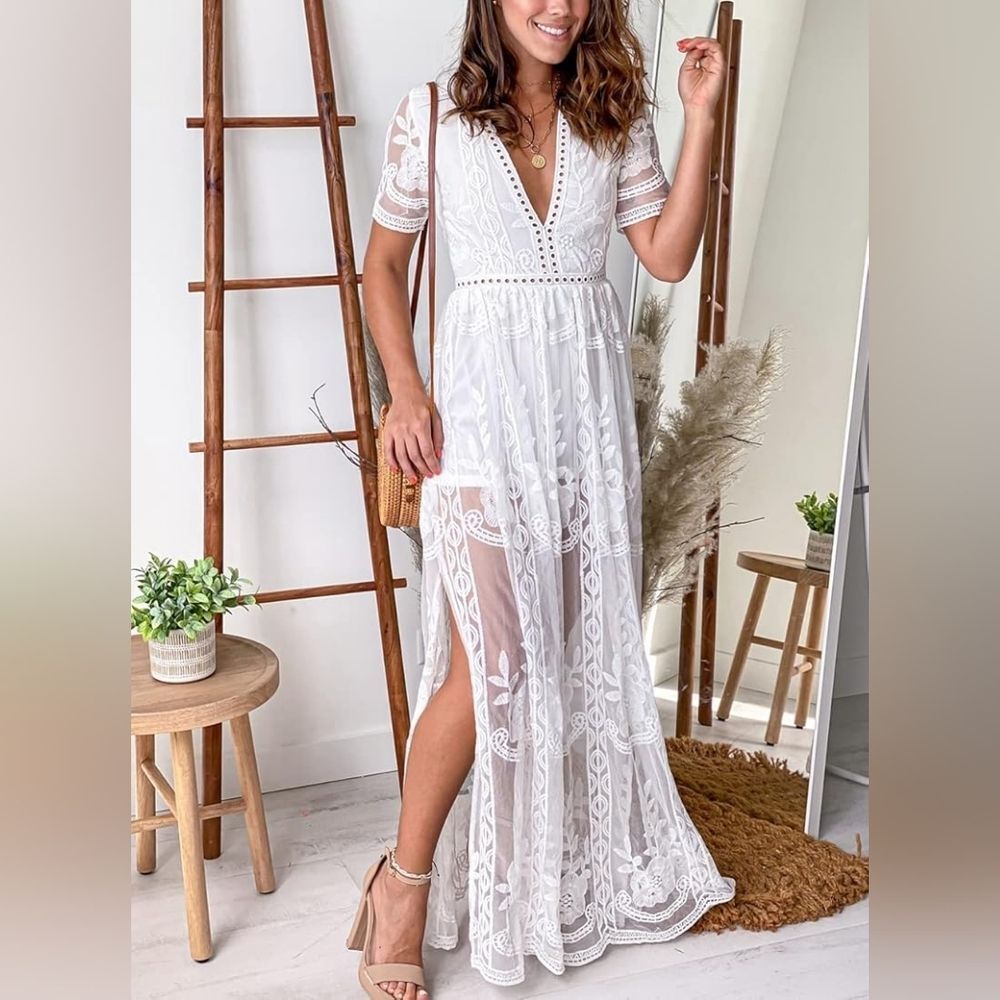 Pink Lily White Lace Maxi Dress with V-Neck & Sheer Skirt